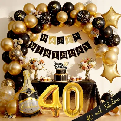 Image de Décoration d'anniversaire 40 ans, ensemble noir et or comprenant une guirlande et des ballons