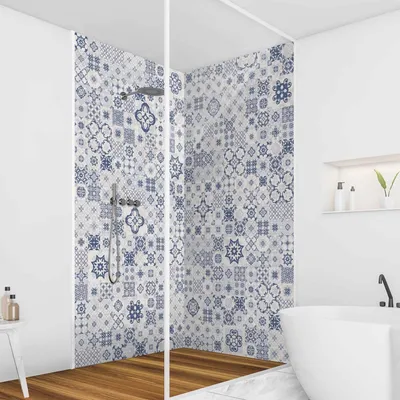 Produktbild von Duschrückwand mit Motiv selbstklebend - 0.35 mm Wandpaneel wasserfest Design blau Fliesenoptik Illustration Badrückwand fugenlos  Smart matt 80x190 cm