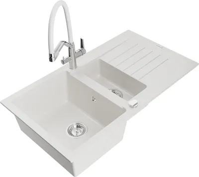 Produktbild von Mexen Matias 1,5-Becken-Granitspüle mit Abtropffläche und Mischbatterie Duo, Weiß - 6502-20-671701-02