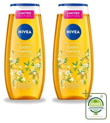 Immagine prodotto di 2 flaconi di gel doccia Nivea, linea "Exotic Feeling", da 250 ml ciascuno. Confezione grande, 2 pezzi