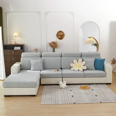Produktbild von (Blätter, Hellgrau, Chaiselongue) Verschleißfester Universal-Sofabezug, elastischer, weicher, rutschfester Sofabezug, Möbelschutz, Sofabezug, Sofabezug, Möbelschutzbezug