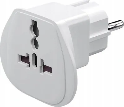 A white universal travel adapter with a European plug.