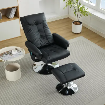 A black leather recliner chair with a matching ottoman is shown in a well-lit room with a rug and a small side table.