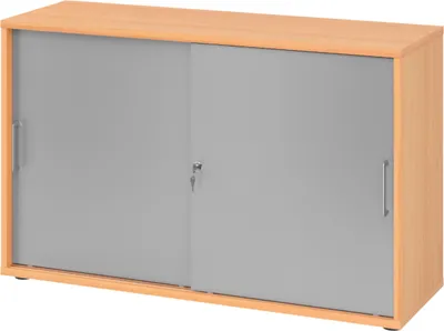 Produktbild von bümö Schiebetürenschrank office - 2 Ordnerhöhen - Nachbildung: Buche/Silber, Griff: Bügelgriff (Metall)