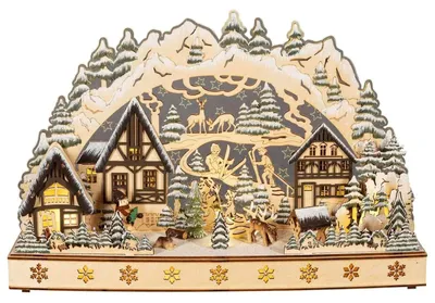 Produktbild von HGD LED-Lichterbogen aus Holz - Bergdorf - 45 x 8 x 30 cm - warmweißes Licht - mit Batterie- und Netzbetrieb