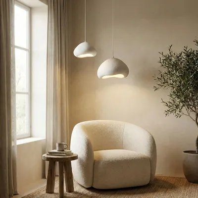 Immagine prodotto di Opviq, lampadario di alta qualità, struttura in metallo, calotta in fibra di vetro, 40x38x25 cm e 50x46x32 cm, altezza regolabile da 55 a 115 cm, attacco E27, IP20, design elegante e moderno in bianco.