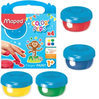 A product package for Maped finger paints, with individual paint pots shown separately.