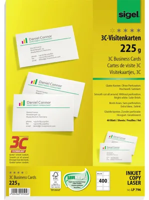 Produktbild von SIGEL LP796 Visitenkarten, 3C, glatter Schnitt rundum, 225 g/m², hochweiß, 400 Stück