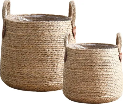 Produktbild von Famanu Pflanzenmand Set von 2 - Handgewebte Blumenkörbe aus Seegras - 22 cm und 28 cm Durchmesser