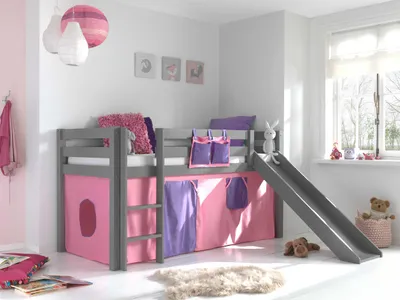 Produktbild von Vipack Spielbett Pino, inkl. Rolllattenrost, Liegefläche 90 x 200 cm mit Rutsche und Textilset "Bella"