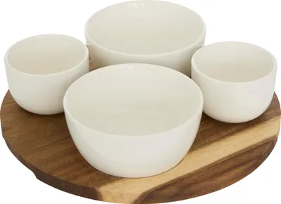 Produktbild von SECRET DE GOURMET | Snack-Servierset - 26 cm - Snackschüssel 4er Set - Porzellan und Akazienholz