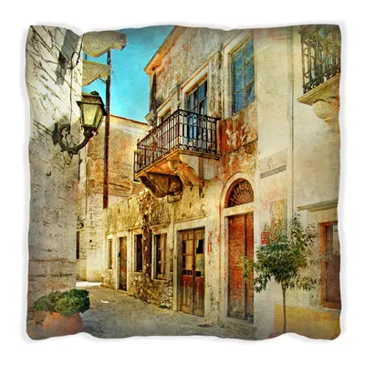 Produktbild von Wallario Premium Kissen, weiche Oberfläche, mit Motiv Gasse im Süden, Urlaub in Griechenland, Größe: 30 x 30 cm, mit weißer Rückseite