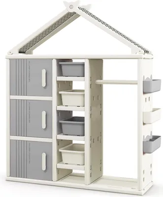 Immagine prodotto di Scaffale per bambini COSTWAY, libreria per bambini, scaffale per giocattoli con appendiabiti, ripiani, cestini laterali e 4 contenitori, armadio per giocattoli, grigio