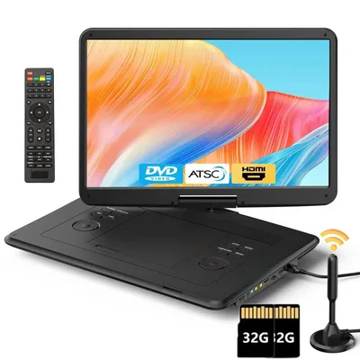 Obrázek produktu pro Přenosný DVD přehrávač s televizí ATSC a FM rádiem, 15,6palcovým HD výklopným displejem, vestavěnou baterií, HDMI vstupem pro TV tuner a podporou USB a TF karet s kapacitou až 64 GB