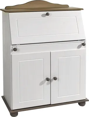 Produktbild von Sekretär DAVID aus Kiefer Massivholz, Taupe/Weiß - Klappensekretär mit aufklappbarer Arbeitsfläche, Schreibtisch mit Stauraum für Büro oder Wohnzimmer im Landhausstil