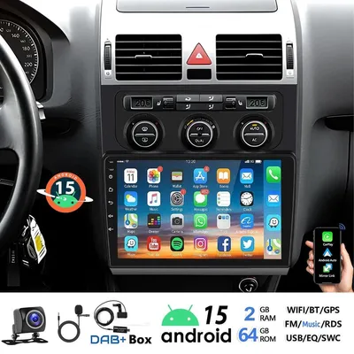 Obrázek produktu pro Autorádio pro VW Touran 1T1, 1T2, 1T3, rok výroby 2003-2010, s operačním systémem Android 15, GPS navigací, 10palcovým dotykovým displejem, CarPlay, Android Auto, DAB+, WiFi, Bluetooth, 2 GB RAM a 64 GB paměti