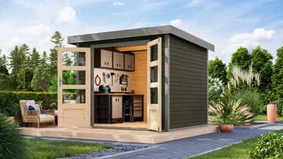 Produktbild von Karibu Gartenhaus Hybridhaus Metall Jupiter 3 terragrau 238,5x213,5x209 cm
