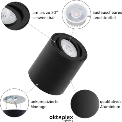 Produktbild von 3er Set Oktaplex Aufbaustrahler Alu schwenkbar inkl. LED Modul 4000K tralweiß - Aufbauspot schwarz