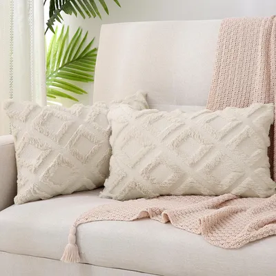 Produktbild von Set mit 2 Boho-Kissenbezügen, 30 x 50 cm, beige – Weiche Dekokissen, Wollkissenbezüge, dekorative Sofakissen, Polyester-Kissenbezüge