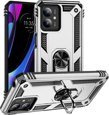 Produktbild von Schutzhülle für Motorola Moto G14 Dual Layer Robust Militäre Fallschutz Hülle mit Ringhalterung Ständer Silber