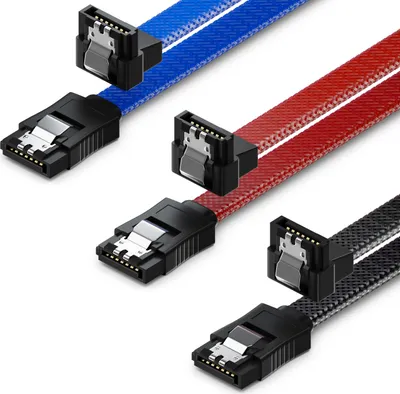 Produktbild von deleyCON 3x 50cm SATA 3 Nylon Kabel Set 6 Gbit/s Verbindungskabel Mainboard HDD SSD Festplatte 1 S-ATA Stecker 90° Gewinkelt Schwarz Blau Rot