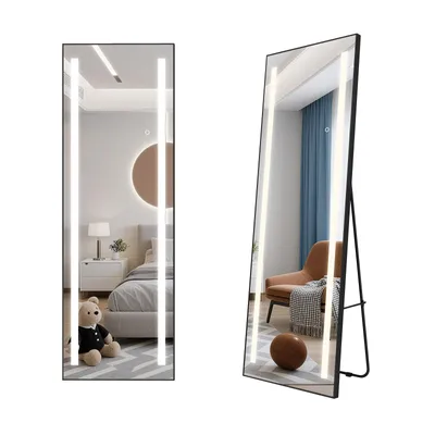 Obrázek produktu pro Zrcadlo Puluomis, celopostranní, rozměry 150x50 cm, s osvětlením ve 3 barvách, s regulovatelnou intenzitou. Zrcadlo s hliníkovým rámem, určené k montáži na zeď nebo k umístění/opření