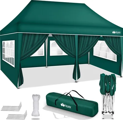 A green pop-up gazebo tent is displayed with its accessories.