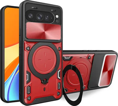 Produktbild von Handyhülle für Google Pixel 10 Pro XL Dual-Layer Stoßfest Rüstung Hülle mit Dia Kameraschutz und Kreisförmig Ring Ständer Rot