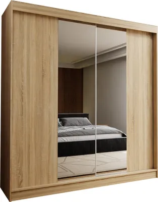 Produktbild von Masseno Schiebetürenschrank LUCENZA 200 cm Kleiderschrank Schlafzimmer Schrank 2-türig mit Spiegel Sonoma Eiche