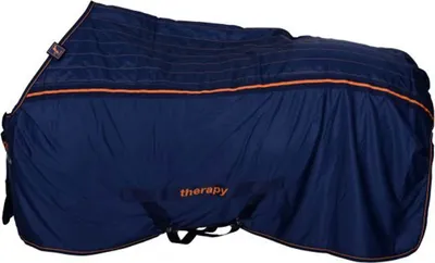A navy blue horse blanket with orange trim and text.