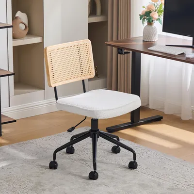 Produktbild von MODFU Bürostuhl mit Rattan-Rücken,Drehstuhl mit Rollen und Metallrahmen,Höhenverstellbar,ohne Armlehnen,Chenille,Elfenbein
