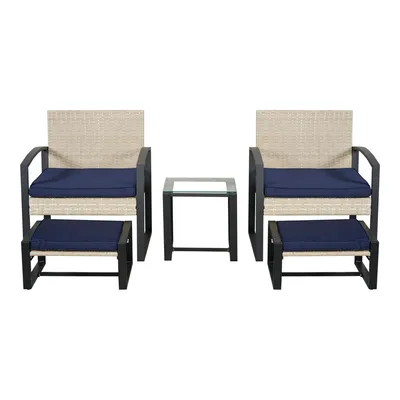A set of outdoor furniture including two chairs, two ottomans, and a small table, all on a white background.