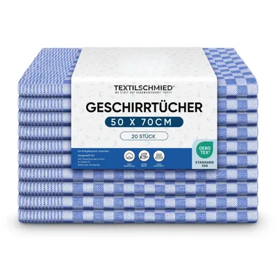Produktbild von Textilschmied 20er Set Premium Geschirrhandtücher, 100% Baumwolle, saugstark, blau kariert, 50x70 cm 210 gsm Grubentücher