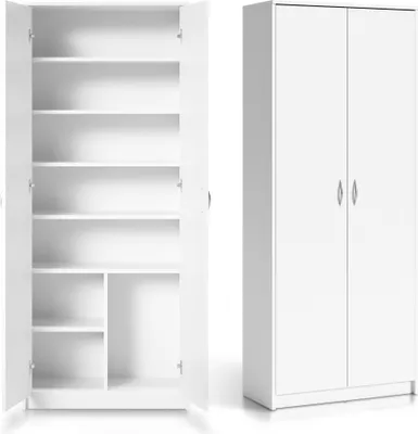 Produktbild von Kleiderschrank Mehrzweckschrank Regal 74cm breit 180cm hoch Aktenschrank mit sechs Einlegeböden und Extra-Fach, in weiß