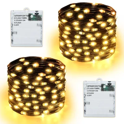 LED-Lichterkette 5 m, 50 warmweiße LEDs, 2er-Set, batteriebetrieben, Timer