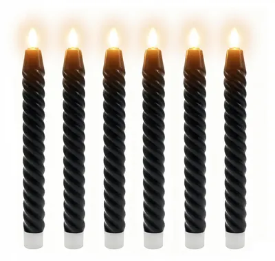 Image de Bougies cylindriques LED Relaxdays, lot de 6, H x P : 25 x 2 cm, flamme vacillante, cire véritable, torsadées, bougies sans flamme, noires