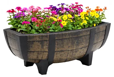 Produktbild von Kunststoff Pflanzschale in Eichenfass Optik braun mit Drainageboden - 41 x 30 cm - Blumenkübel halbes Holzfass Design mit Staunässeschutz