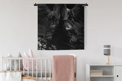 Produktbild von MuchoWow® Wandteppich Wandbehang Blumen - Kuh - Dschungel - Schwarz - Weiß 90x90 cm Tapisserie Dekoration Wandtuch - Wandaufhänger
