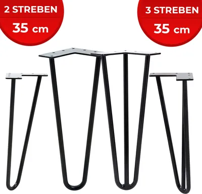 Produktbild von Hairpin Tischbeine 4er Metall 2-3 Streben Schwarz Haarnadel Möbelfüße Hairpin Legs Haarnadelbeine Tischgestell Tischkufe Länge: 35 cm Modelle: 3 Streben
