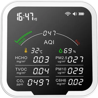 Image de Compteur portable de qualité de l'air, mesurant HCHO, TVOC, CO2, PM2,5, PM10, AQI, C6H6, ainsi que la température et l'humidité. Écran de 4,8 pouces, détecteur de dioxyde de carbone