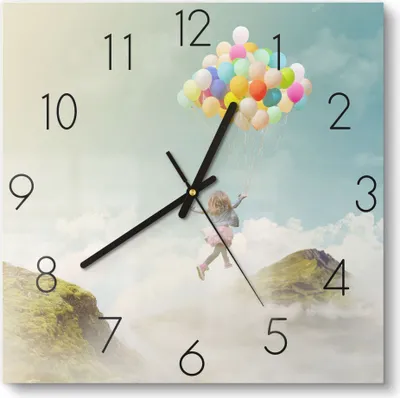 Produktbild von DEQORI Glasuhr 30x30 cm Zahlen 'Mädchen an Luftballons' Wanduhr Glas Uhr Design leise