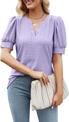 Image de ASKSA T-shirt manches bouffantes creusé chemisier col V été manches courtes uni Débardeurs, Violet, XL