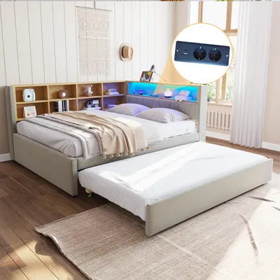 Image de OKWISH Lit Gigogne 140x200 cm - Lit Multifonction en Tissu Flanelle Gris Clair avec Éclairage LED, Port USB et Rangements Intégrés, Sans Matelas
