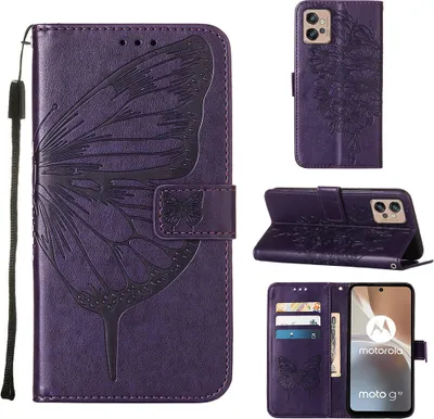 Obrázek produktu pro Moto G32 Pouzdro, Motýlí Reliéf Flip Kožené Pouzdro s Kapsami na Karty a Stojánkem pro Motorola Moto G32 Fialová