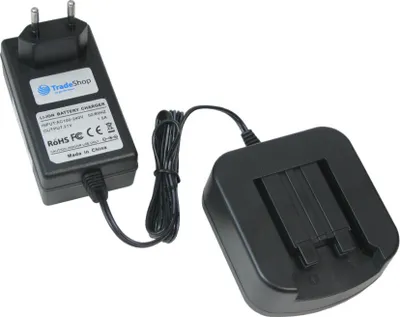 A black battery charger and charging station are shown against a white background.