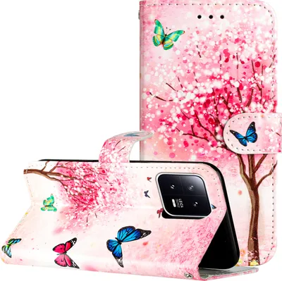 Produktbild von CLM-Tech Hülle kompatibel mit Xiaomi 13 Pro - Tasche aus Kunstleder - Klapphülle mit Ständer und Kartenfächern, rosa Baum und Schmetterlinge