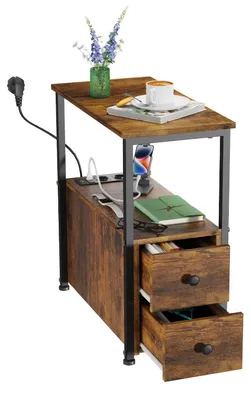 Produktbild von Nachttisch - Beistelltisch Schlafzimmer - 2 Stoffschubladen 2 Ablagen - Moderner Stil - Holzgestell - Braun