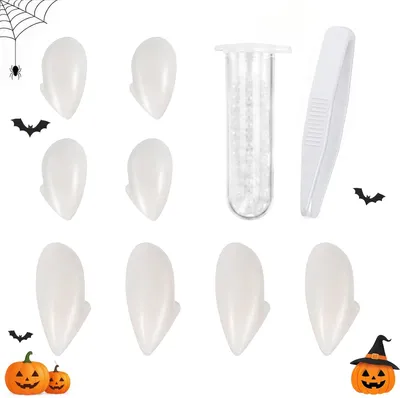 Imagen del producto de Colmillos de vampiro para adultos: colmillos de 13-19 mm con adhesivo y adornos, disponibles en 4 tamaños, ideales para disfraces de Halloween