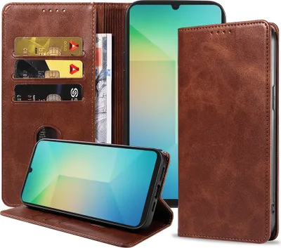 Produktbild von Smartphonica Handytasche passend für Samsung Galaxy A06 Kunstleder mit Magnetverschluss und Kartenhalter Buchhülle mit Klappe - Dunkelbraun