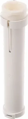 A white cylindrical object with a cream-colored top, likely a water filter component.